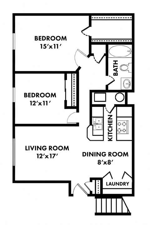 Floor plan for 2 beds, 1 bath, 844 sqft